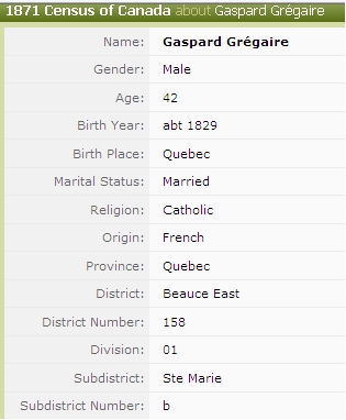 Image of ancestry.com 1871 Census of Canada summary of Gaspard Gregoire